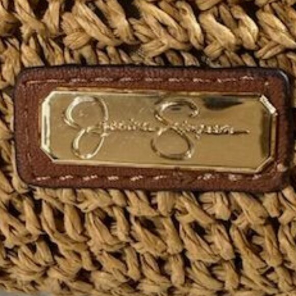 Jessica Simpson Raffia Straw 3D Beaded Floral Feather St. Pete Toast Pink Tote - Picture 6 of 16